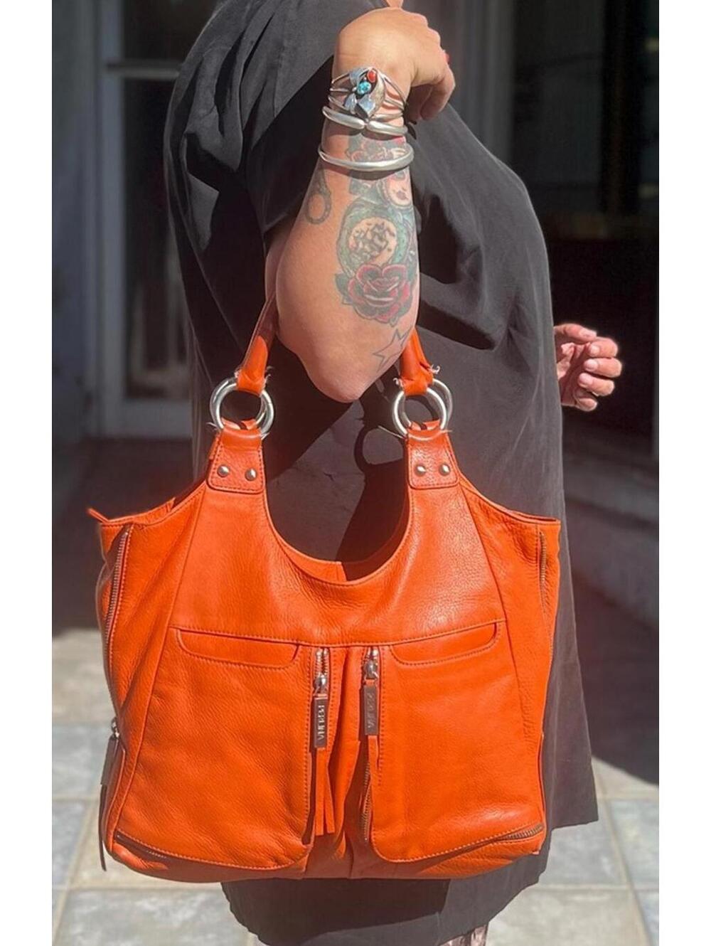 Y2K Perlina New York Orange Pebbled Leather Hobo Bag Slouchy Shoulder Purse